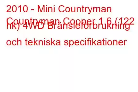 2010 - Mini Countryman
Countryman Cooper 1.6 (122 hk) 4WD Bränsleförbrukning och tekniska specifikationer