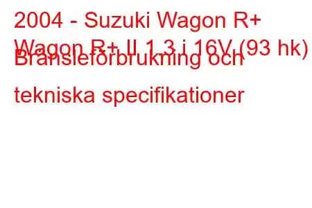 2004 - Suzuki Wagon R+
Wagon R+ II 1.3 i 16V (93 hk) Bränsleförbrukning och tekniska specifikationer