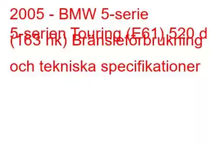 2005 - BMW 5-serie
5-serien Touring (E61) 520 d (163 hk) Bränsleförbrukning och tekniska specifikationer