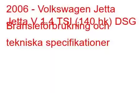 2006 - Volkswagen Jetta
Jetta V 1.4 TSI (140 hk) DSG Bränsleförbrukning och tekniska specifikationer