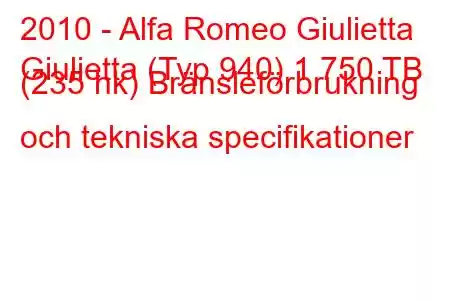 2010 - Alfa Romeo Giulietta
Giulietta (Typ 940) 1 750 TB (235 hk) Bränsleförbrukning och tekniska specifikationer