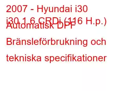 2007 - Hyundai i30
i30 1.6 CRDi (116 H.p.) Automatisk DPF Bränsleförbrukning och tekniska specifikationer