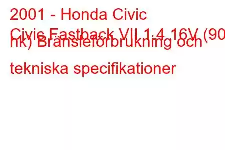 2001 - Honda Civic
Civic Fastback VII 1.4 16V (90 hk) Bränsleförbrukning och tekniska specifikationer