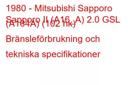 1980 - Mitsubishi Sapporo
Sapporo II (A16_A) 2.0 GSL (A164A) (102 hk) Bränsleförbrukning och tekniska specifikationer