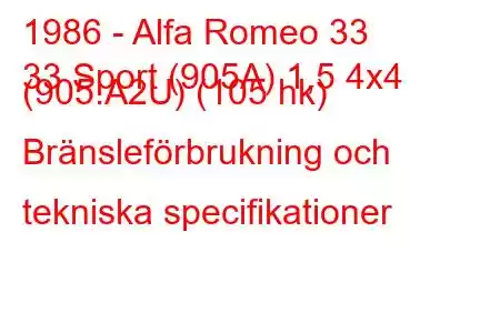 1986 - Alfa Romeo 33
33 Sport (905A) 1,5 4x4 (905.A2U) (105 hk) Bränsleförbrukning och tekniska specifikationer