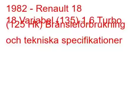 1982 - Renault 18
18 Variabel (135) 1,6 Turbo (125 Hk) Bränsleförbrukning och tekniska specifikationer