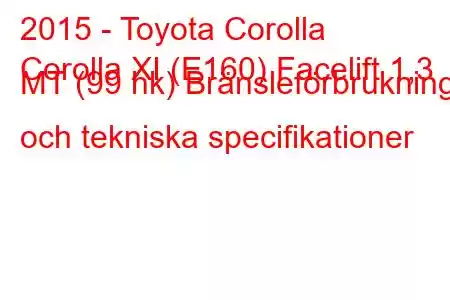 2015 - Toyota Corolla
Corolla XI (E160) Facelift 1,3 MT (99 hk) Bränsleförbrukning och tekniska specifikationer