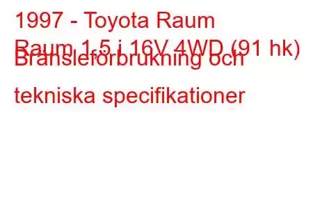 1997 - Toyota Raum
Raum 1,5 i 16V 4WD (91 hk) Bränsleförbrukning och tekniska specifikationer