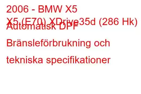 2006 - BMW X5
X5 (E70) XDrive35d (286 Hk) Automatisk DPF Bränsleförbrukning och tekniska specifikationer